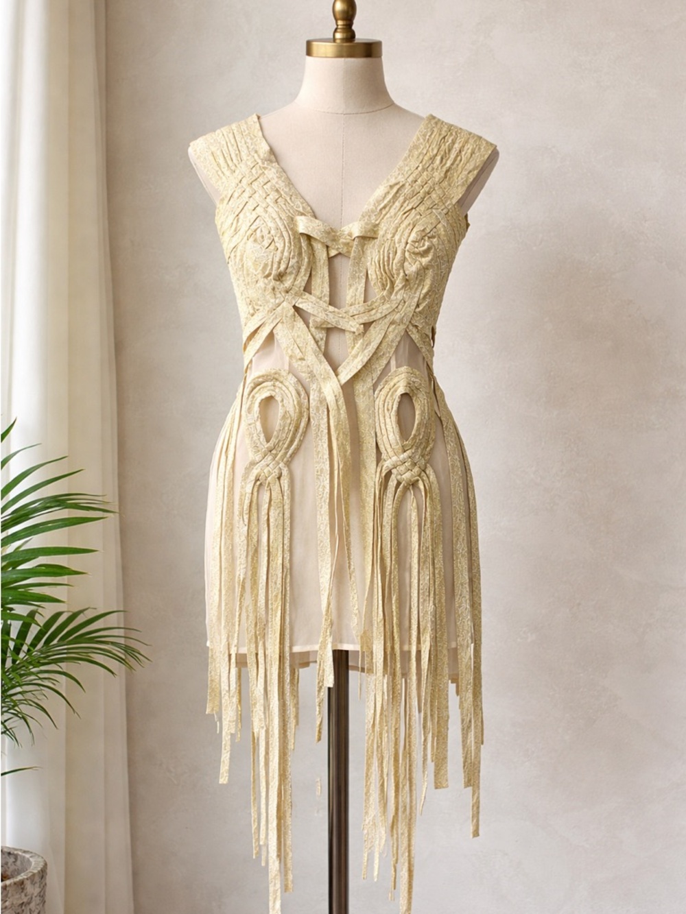 Rare Gold Brocade Woven Macramé Art Dress XS/S Wearable Art